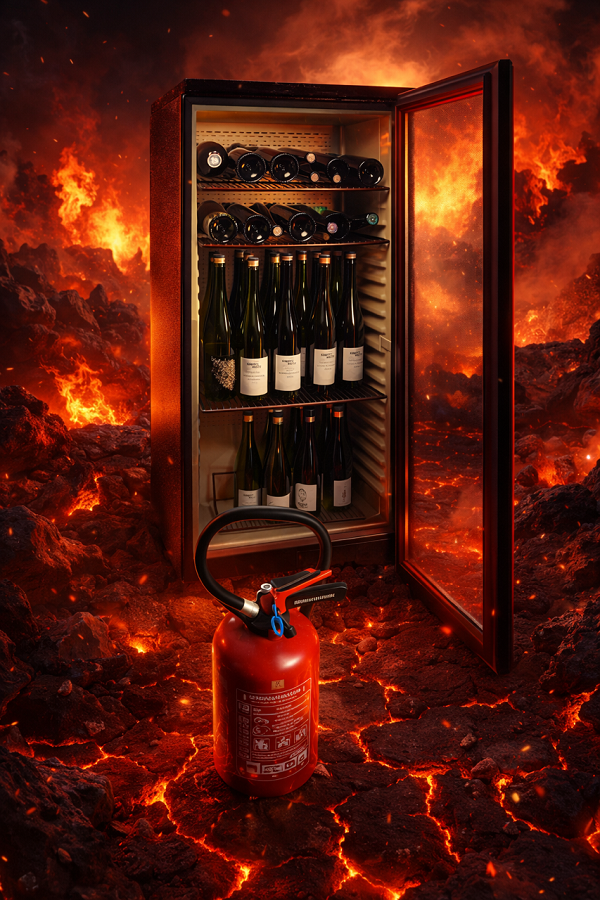 Humorvolle Illustration eines Kühlschranks und eines Feuerlöschers in der Hölle, die vor den Gefahren extremer Hitze für Weine der Domaine Schaeffer-Woerly warnt.