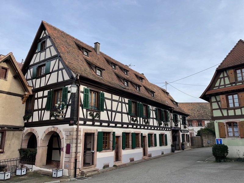18th-century traditional half-timbered house at Domaine Schaeffer-Woerly, an organic winery in Dambach-la-Ville, Alsace
