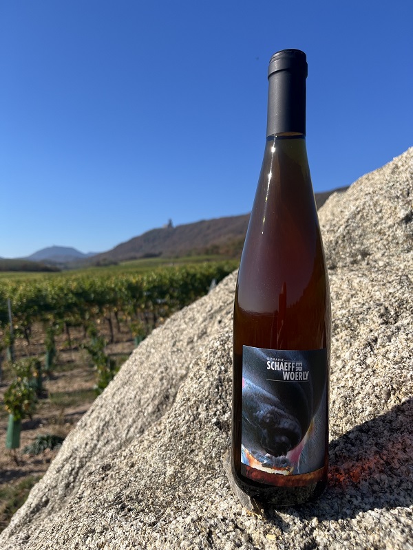 A bottle of Cuvée Orage organic wine sitting in the vineyards.