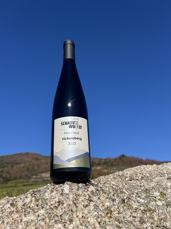Bouteille de Pinot Noir Victoriaberg, vin rouge de terroir granitique d'Alsace.